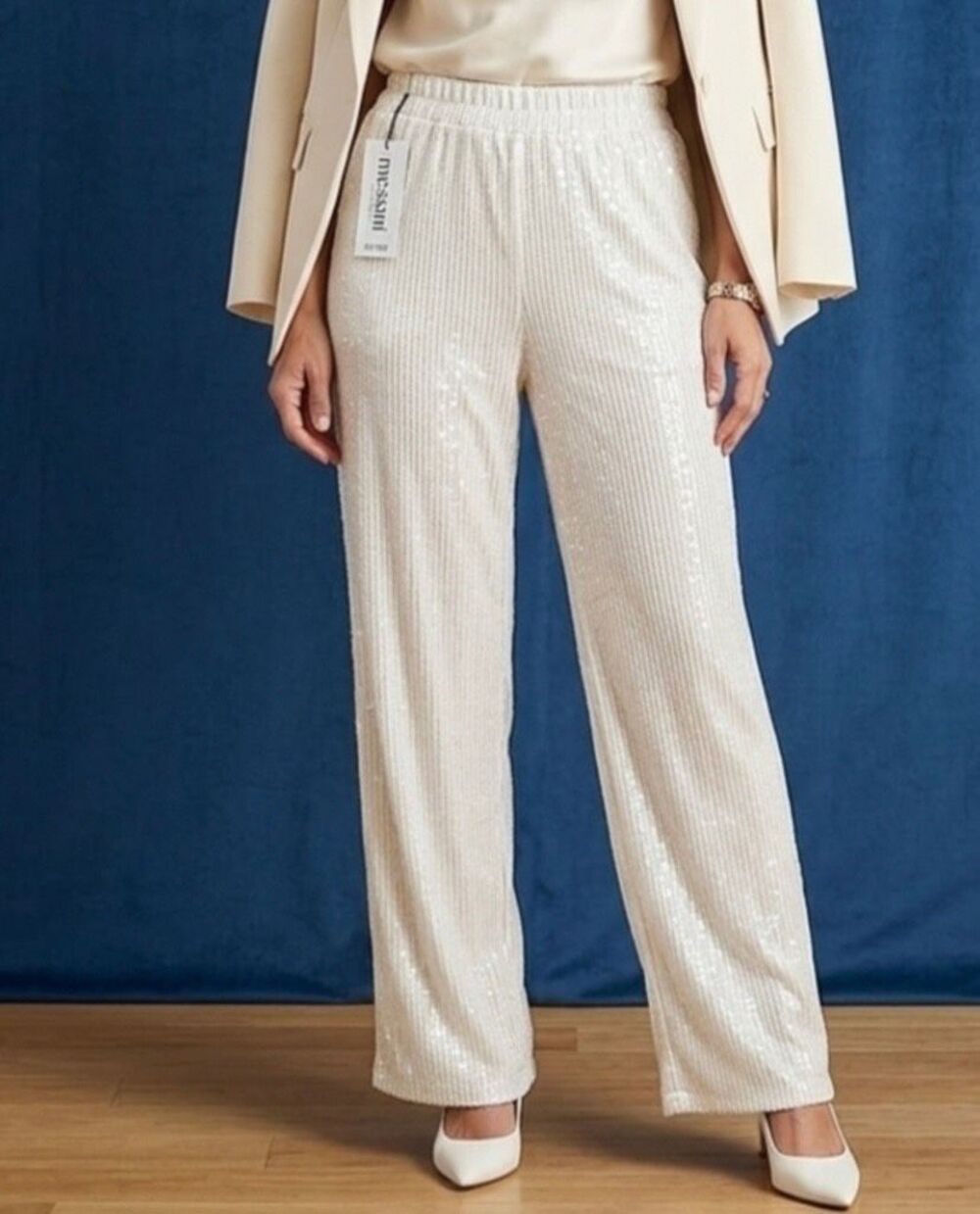 Messini sequin, white and silver wide leg pull on sparkle pants M